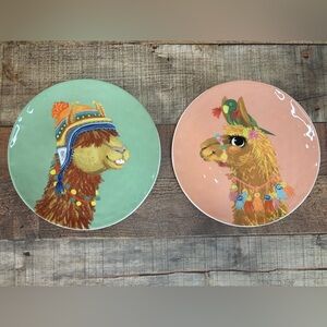 Set Of 2 Pier 1 Imports Desert Llama Earthenware Salad Pink Green Plates EUC